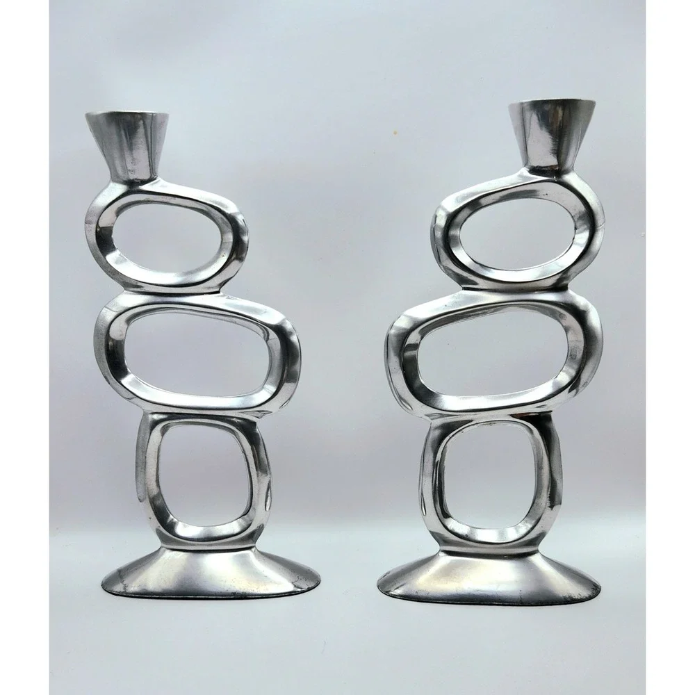 Modernist Candle Holders Brutalist Aluminum Armelent Sculptural Mid Century Pair